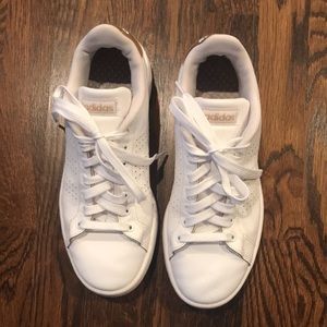 White leather Adidas Tennis Shoes with Gold Detail